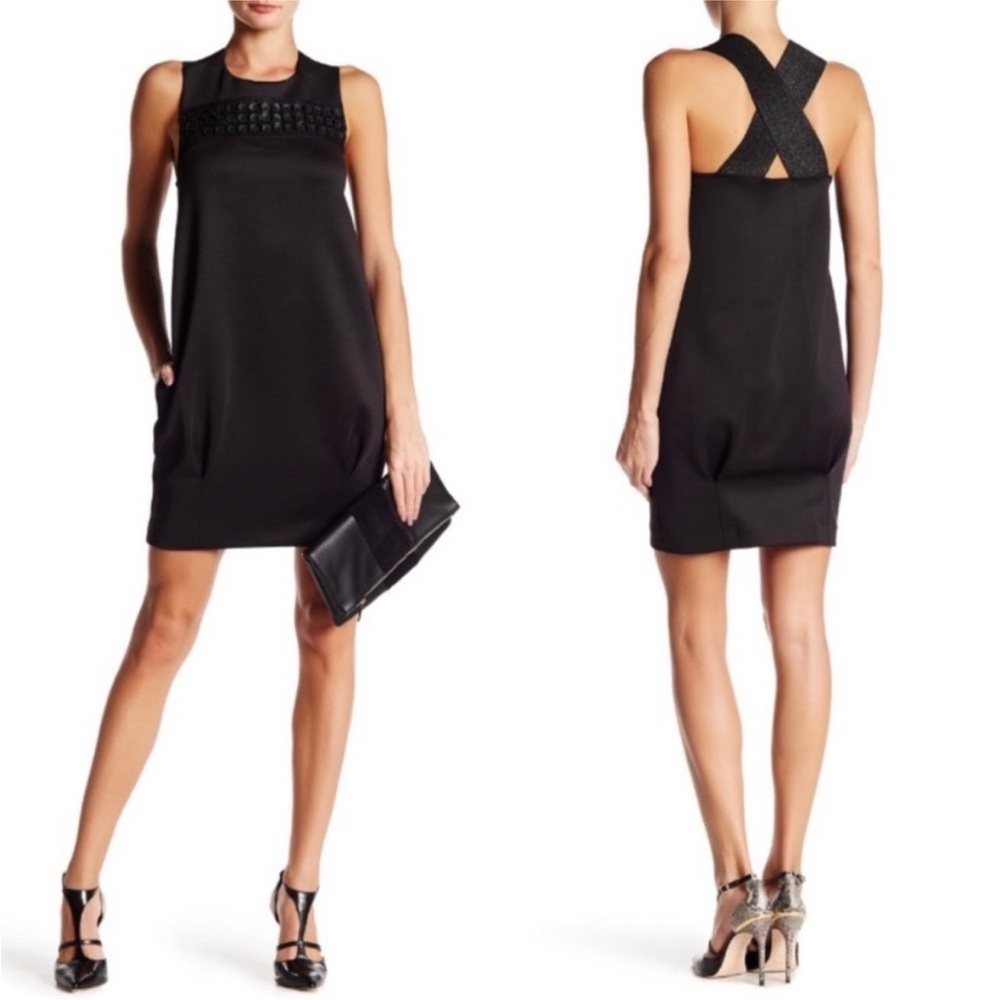 Rachel Roy Cocoon Dress Size S Sleeveless Bead & Leather Embellished Solid Black